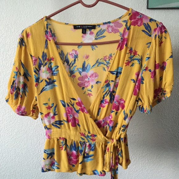 Yellow Floral Wrap Top - Picture 1 of 3